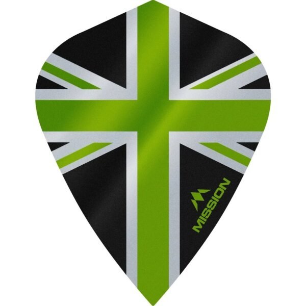5057270191315_01.jpg Mission – Alliance – Union Jack – Dart Flights – KITE – 100 Micron – Black with Green